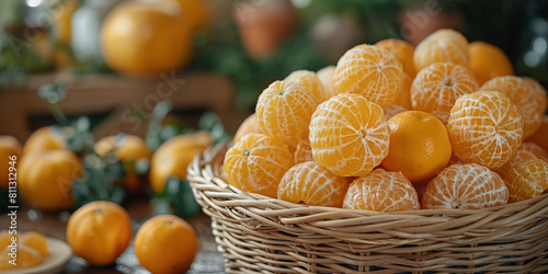 A banner of close up pealed mandarins in a light basket with a blurred background, themes of seasonal vitamins and eco friendly fruits as a healthy snack.