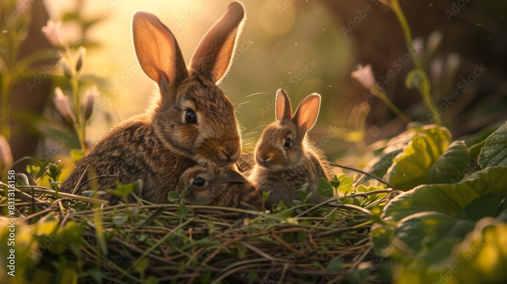 Warm Sunset Embrace: Mother Rabbit with Babies in a Soft Grass Nest Warm Sunset Embrace: Mother Rabbit with Babies in a Soft Grass Nest