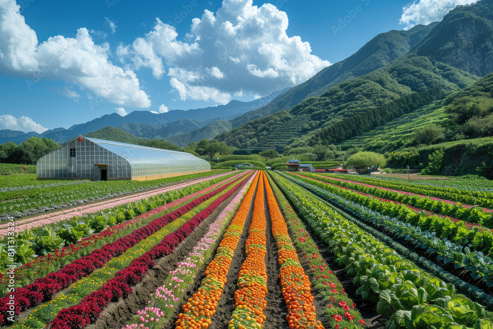 photograph of A panoramic view of an organic vegetable farm with colorful flowers and green vegetables growing in rows. Created with Ai