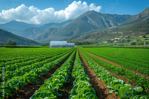 A large vegetable field in the mountains with rows of lettuce growing in green fields and white plastic row greenhouses nearby. Created with AI