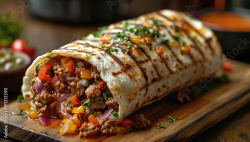 A vibrant and mouthwatering premium quality photo of a strip of lamb shawarma with pico de gallo, nestled in the soft embrace of warm tortilla bread. Created with Ai