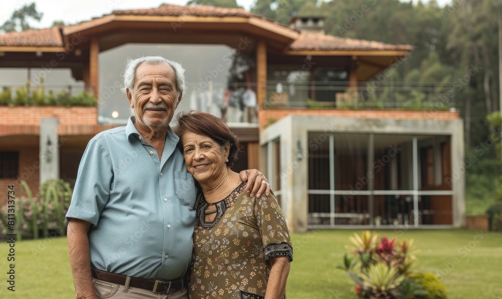 Fototapeta premium A loving senior couple embrace each other, smiling in front of a house, symbolizing enduring love and companionship