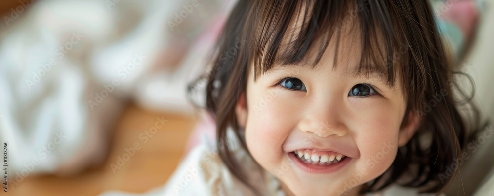 A delightful young girl beams with a bright smile, sunlight highlighting her hair, embodying joy and innocence A delightful young girl beams with a bright smile, sunlight highlighting her hair, embodying joy and innocence