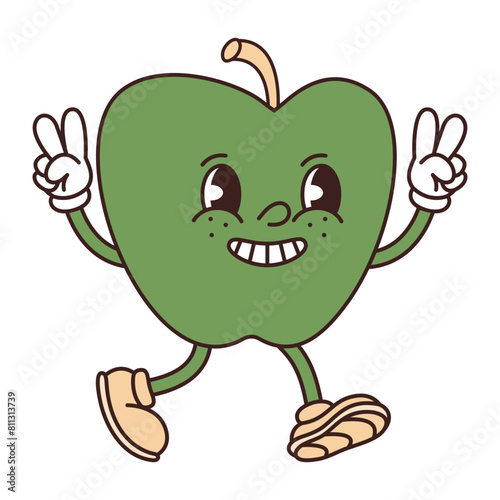 Retro groovy funny character green apple. Naughty fruit is smilling. Vector flat illustration isolated on white background.