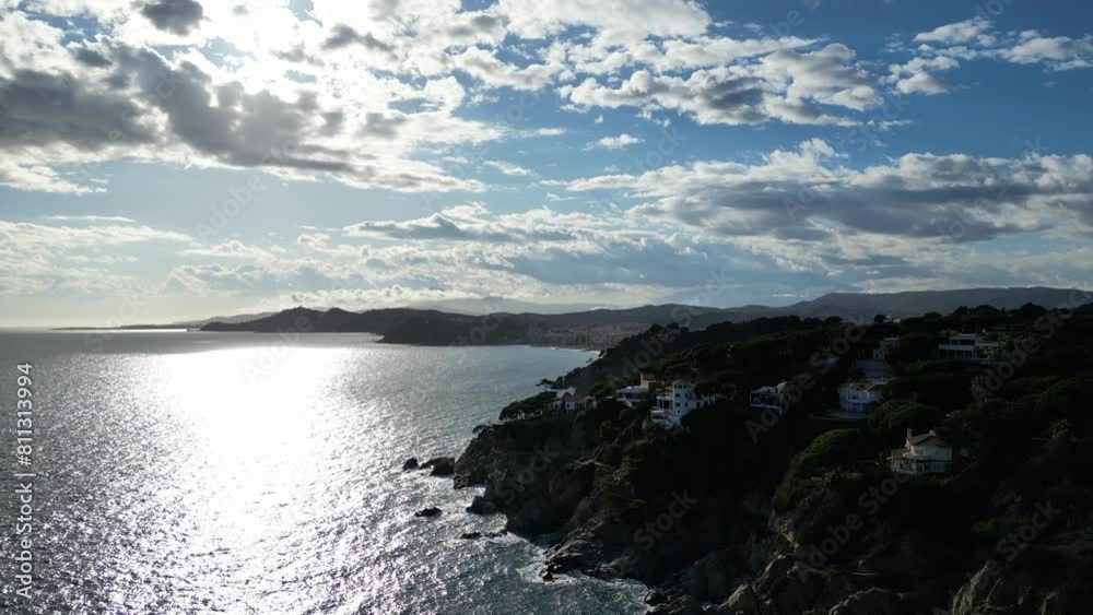 Aerial sunset sea view of amazing mediterranean coastline with mountain, cliffs and villas, 4K Aerial sunset sea view of amazing mediterranean coastline with mountain, cliffs and villas, 4K