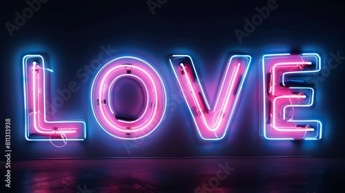 The word "LOVE" written in blue neon light on black background, the text is glowing and glows with soft pink glow. 