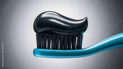 A toothbrush with a generous amount of black toothpaste on the bristles.