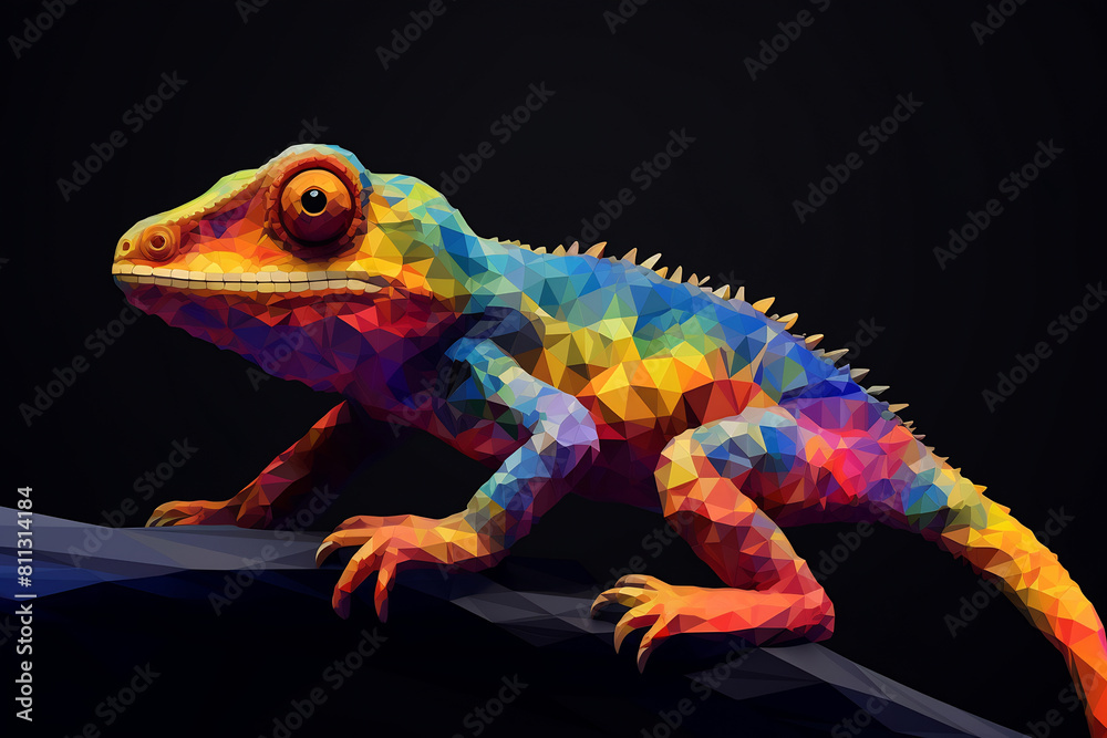 Lizard on black background. Low poly chameleon. Polygon animal illustration