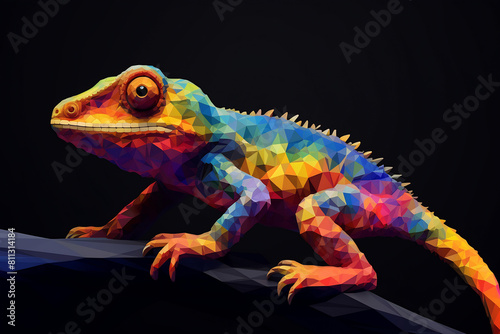 Lizard on black background. Low poly chameleon. Polygon animal illustration © Canvas Alchemy