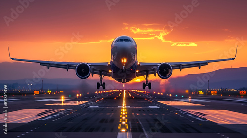A large jetliner takes off from an airport runway at sunset or dawn with the landing gear down and the landing gear down, as the plane is about to take off. 