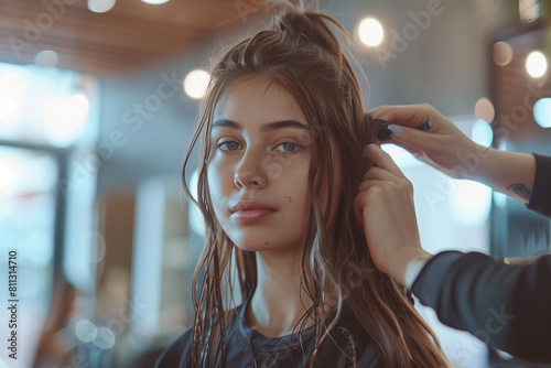 In an atmosphere full of professionalism, in an exclusive hairdressing salon, an experienced hairdresser transforms a young woman's long, healthy hair into a phenomenal hairstyle.