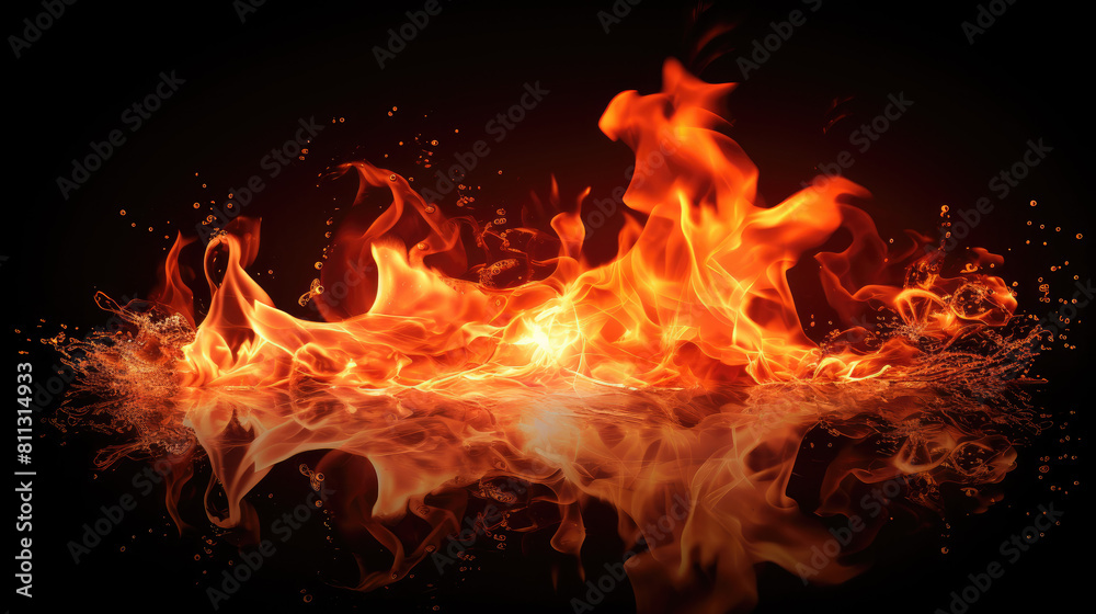 Blaze fire flame texture overlays on isolated background with water reflection Blaze fire flame texture overlays on isolated background with water reflection