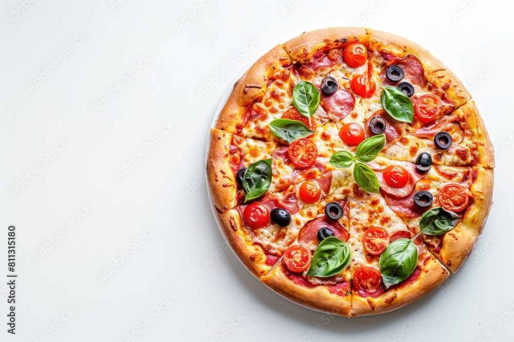 A pizza with lots of toppings including tomatoes, olives, and basil with a copy space A pizza with lots of toppings including tomatoes, olives, and basil with a copy space