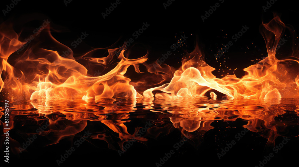 Blaze fire flame texture overlays on isolated background with water reflection Blaze fire flame texture overlays on isolated background with water reflection