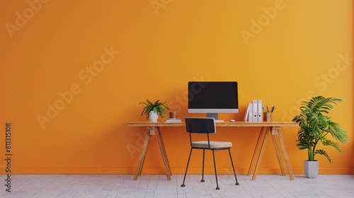 Elevate your productivity with a clean and organized workspace featuring a creative work desk and chair set against an empty pastel orange wall