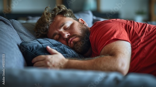 Lazy Day Oversized Fat Man Sleeping on the Couch Sofa Wearing a Red T-Shirt