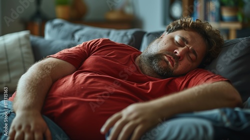 Lazy Day Oversized Fat Man Sleeping on the Couch Sofa Wearing a Red T-Shirt