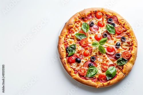 A pizza with lots of toppings including tomatoes, olives, and basil with a copy space