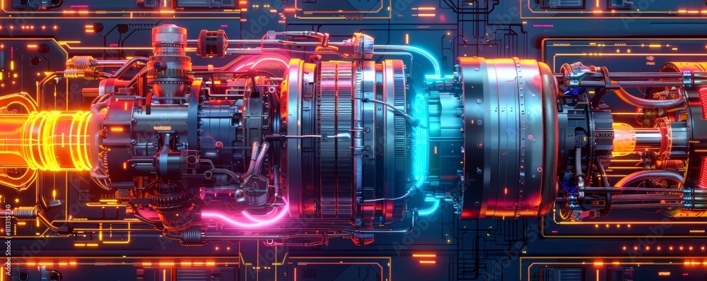 Close-Up of Complex Engine: Colorful Glowing Components