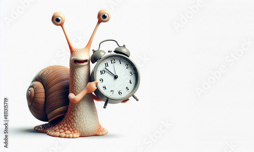 Illustration of cute snail character with clock isolated on white background, copy space for text photo