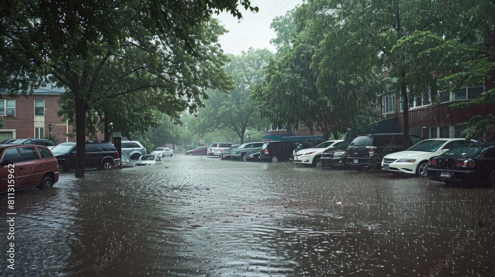 a colossal rainstorm, with the park parking lot transformed into a submerged landscape, cars engulfed up to their windows, amidst the stormy summer weather.