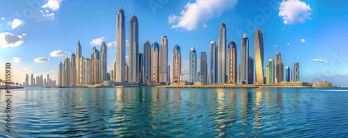 Wide panorama of a bustling modern city skyline with towering skyscrapers and water reflections. © Ľudovt