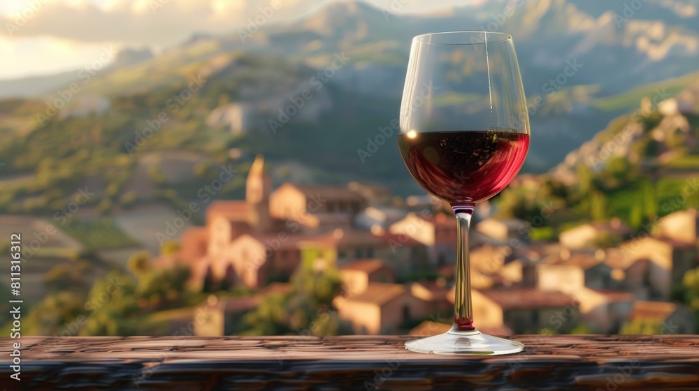 An advertising banner. A glass of red wine on the background of a village in Sicily.