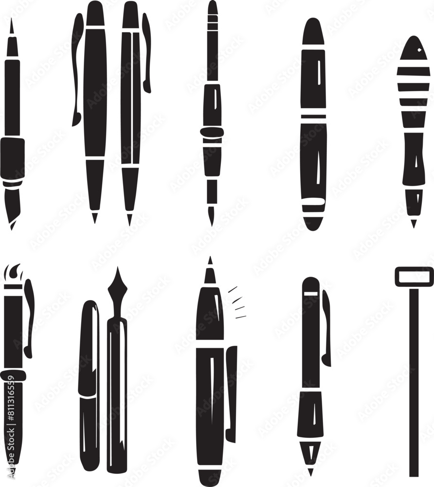 Pen Icon set black silhouette vector Pen Icon set black silhouette vector