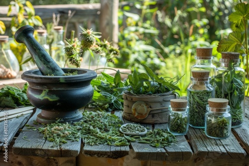 Herbalist's table with fresh nettle and mortar
