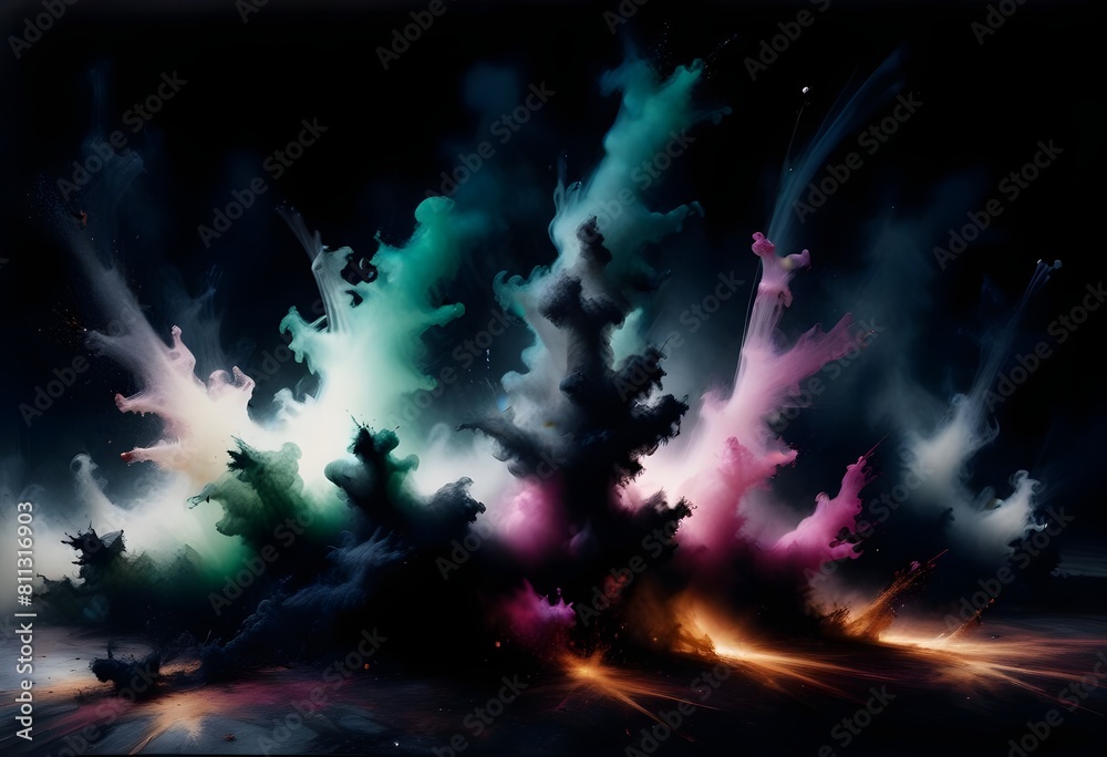 Explosion splash of colorful powder with freeze isolated on background, abstract splatter of colored dust powder.