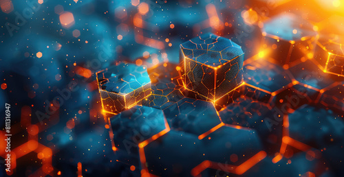 A dynamic AIgenerated image of glowing cubes with orange and blue highlights. Created with Ai photo