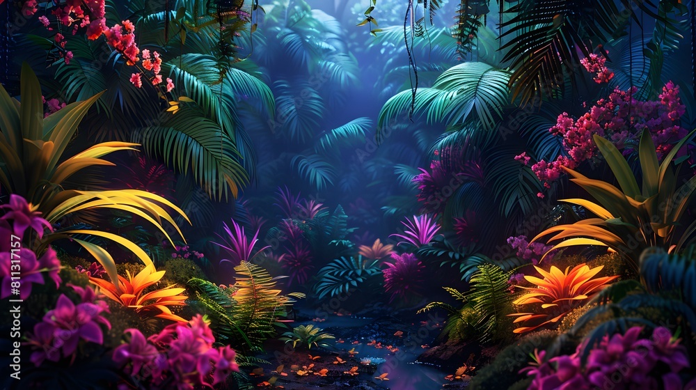 A lush jungle scene bathed in the glow of neon lights, highlighting exotic plants and colorful flowers illuminated against a dark backdrop