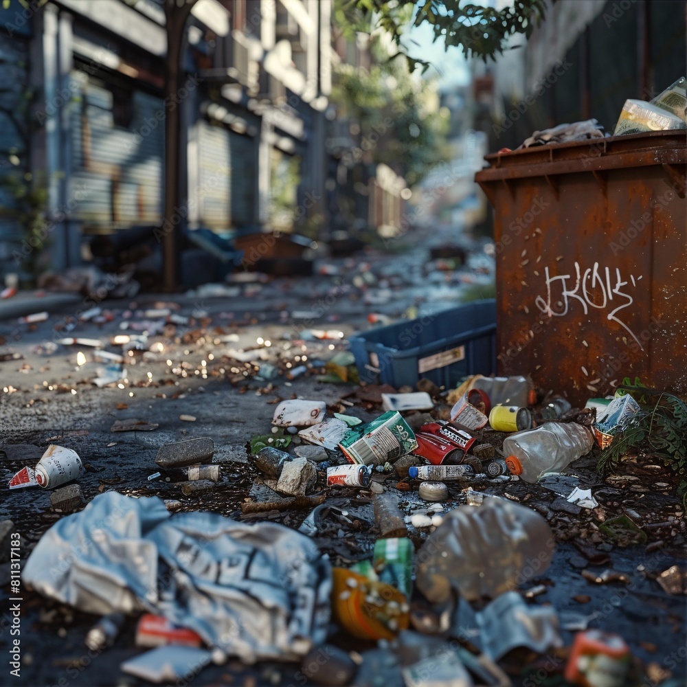 Confront the harsh reality of urban waste with this realistic close-up image capturing street trash in the city Confront the harsh reality of urban waste with this realistic close-up image capturing street trash in the city