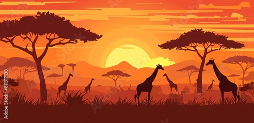 A flat illustration of an African savannah landscape with giraffes and acacia trees under the setting sun