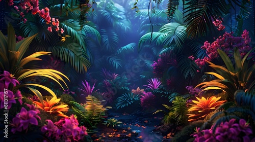 A lush jungle scene bathed in the glow of neon lights  highlighting exotic plants and colorful flowers illuminated against a dark backdrop