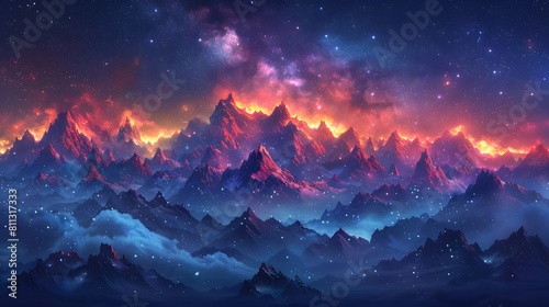 illustration of a mountain range under a starry night sky. The Milky Way stretches across the horizon, and twinkling stars illuminate the snow
