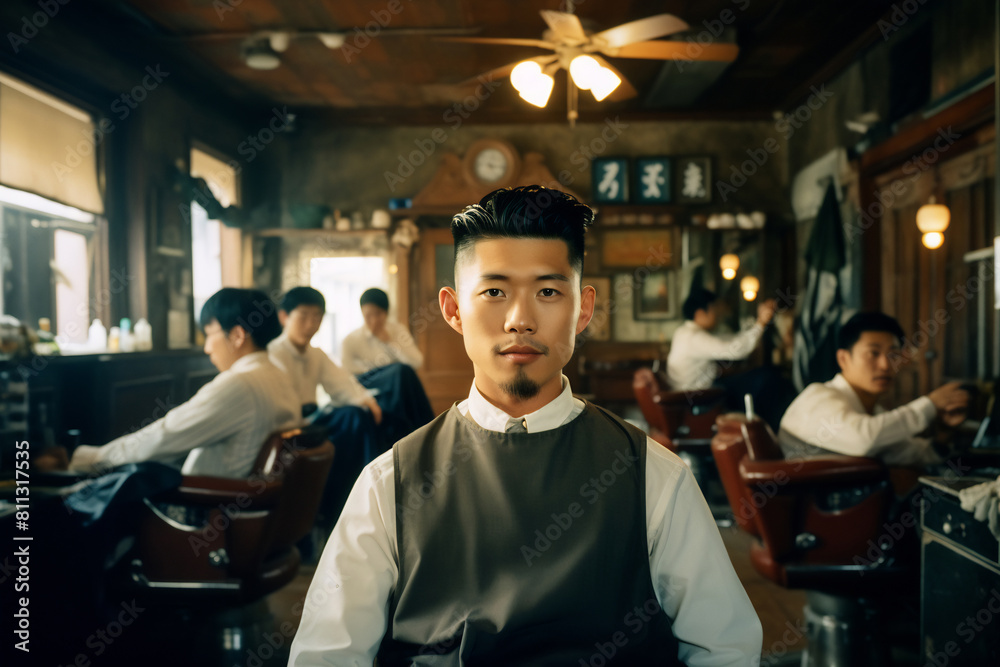 Picture of Asian barbershop. Professional male hairstylist in salon Picture of Asian barbershop. Professional male hairstylist in salon