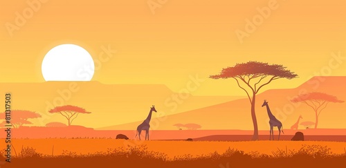 A flat illustration of an African savannah landscape with giraffes and acacia trees under the setting sun