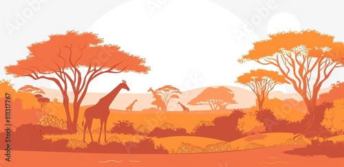 A flat illustration of an African savannah landscape with giraffes and acacia trees under the setting sun