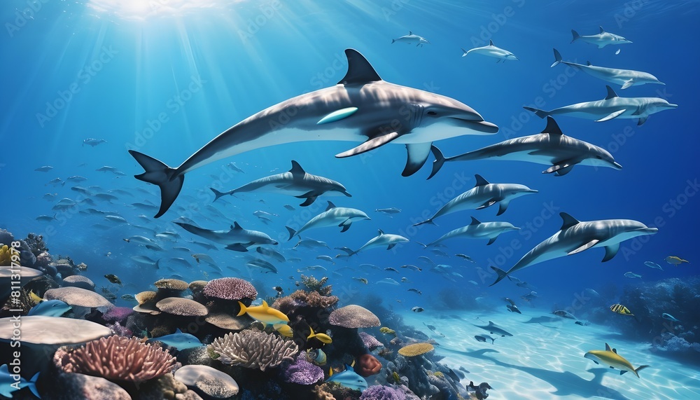 Fototapeta premium world oceans day with a view of ocean including fishes shark fishes and whales along sunrays and clouds