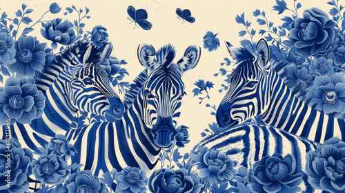 A blue and white zebra painting with three zebras and flowers