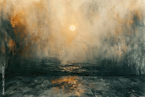 Abstract oil painting of an endless dark ocean with fog and sun in the distance, muted colors. Created with Ai photo