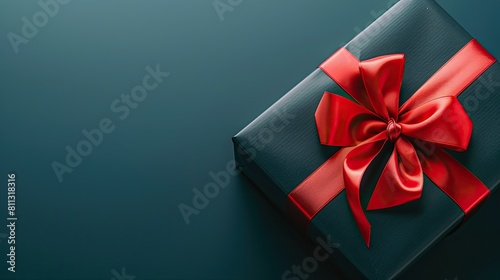 a black gift box adorned with a vibrant red ribbon, set against a bold dark background in a top-down view, creating the perfect template for a Black Friday sale banner.