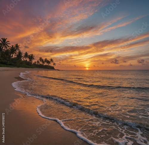 Imagine a stunning seaside scenery  with a golden sunset painting the sky in shades of orange and pink. The calm waters of the ocean reflect the colors of the sky  creating a liquid mirror that stretc