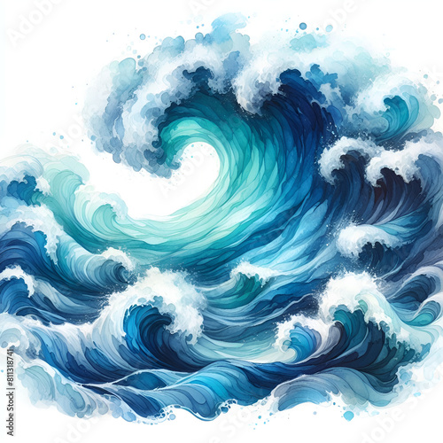 blue and turquoise ocean wave watercolor paint on white background