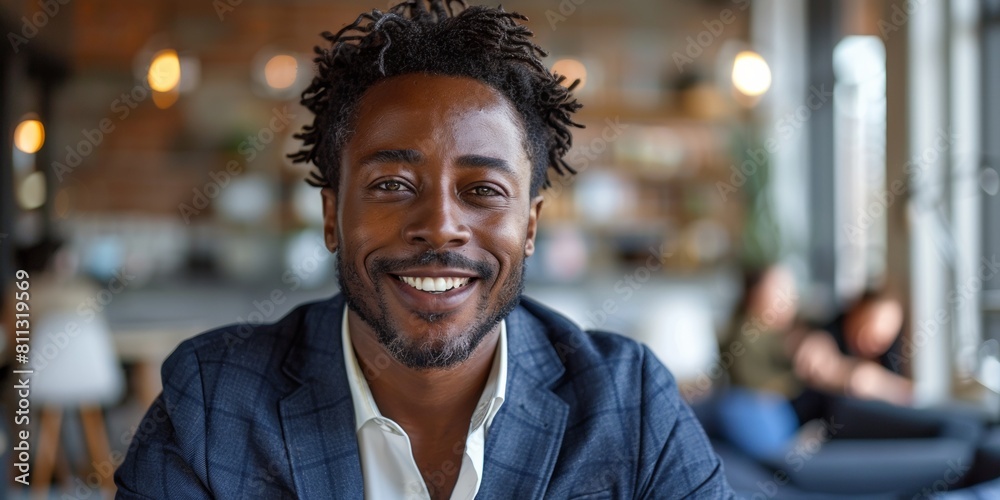 Fototapeta premium A handsome, excited black man in a stylish suit smiles for a home portrait.