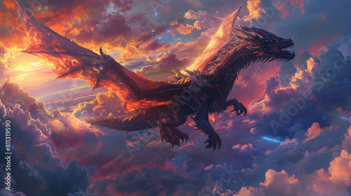 A majestic dragon soaring through a sky filled with colorful clouds, its scales shimmering in the sunlight as it glides over a sprawling fantasy landscape photo