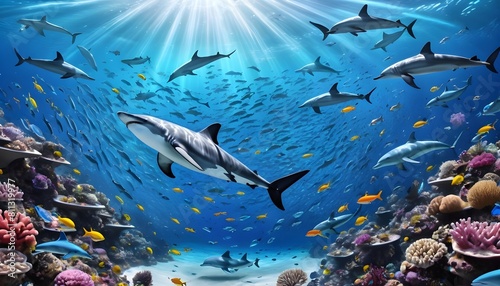 world oceans day with a view of ocean including fishes shark fishes and whales along sunrays and clouds