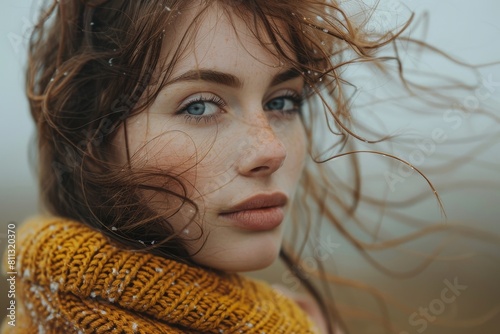 A detailed close-up of a woman's face with striking blue eyes and windblown hair in a foggy setting photo