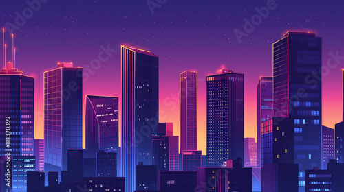 Uma vista panorâmica de uma cidade moderna, com arranha-céus imponentes e luzes brilhantes à noite. photo